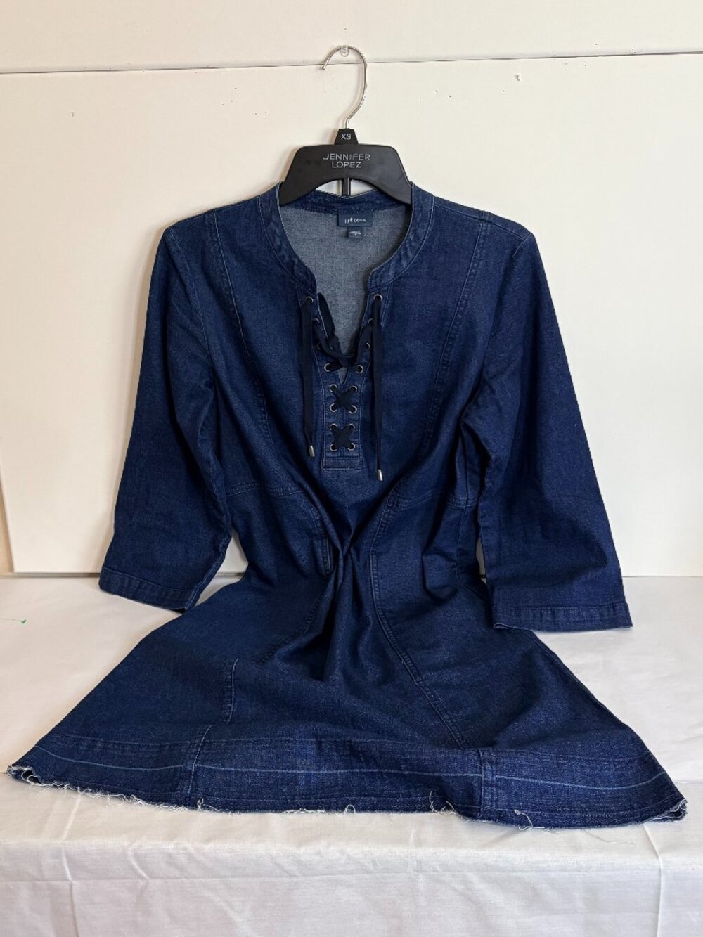 J Jill Lace Up Stretch Distressed Hem Dark Denim w/Side Pockets Dress Size S